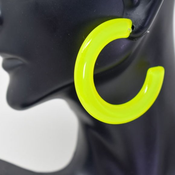 1.75" Retro Translucent Neon Yellow Hoop Earrings - Picture 7 of 11